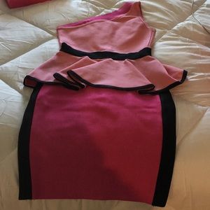 One Shoulder Pink Color Block Bandage Dress